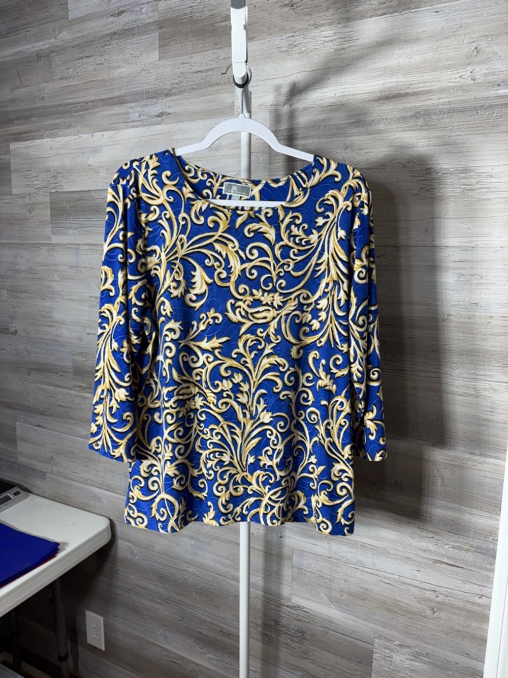 JM Collection Blue Top with Gold Scroll Print - Long Sleeve 1896